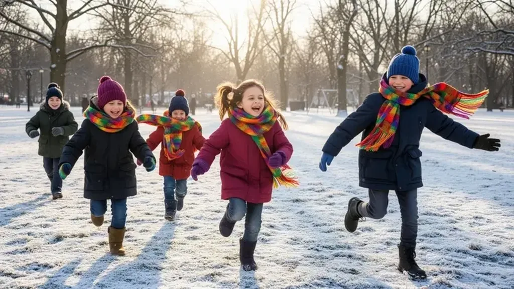 Enfants emmitouflés en manteaux et écharpes courent sur une pelouse couverte de givre