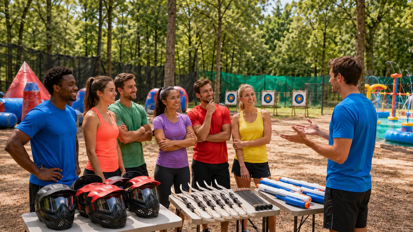 Groupe d’amis découvrant plusieurs activités outdoor avec paintball, tir à l’arc et blasters à eau électroniques