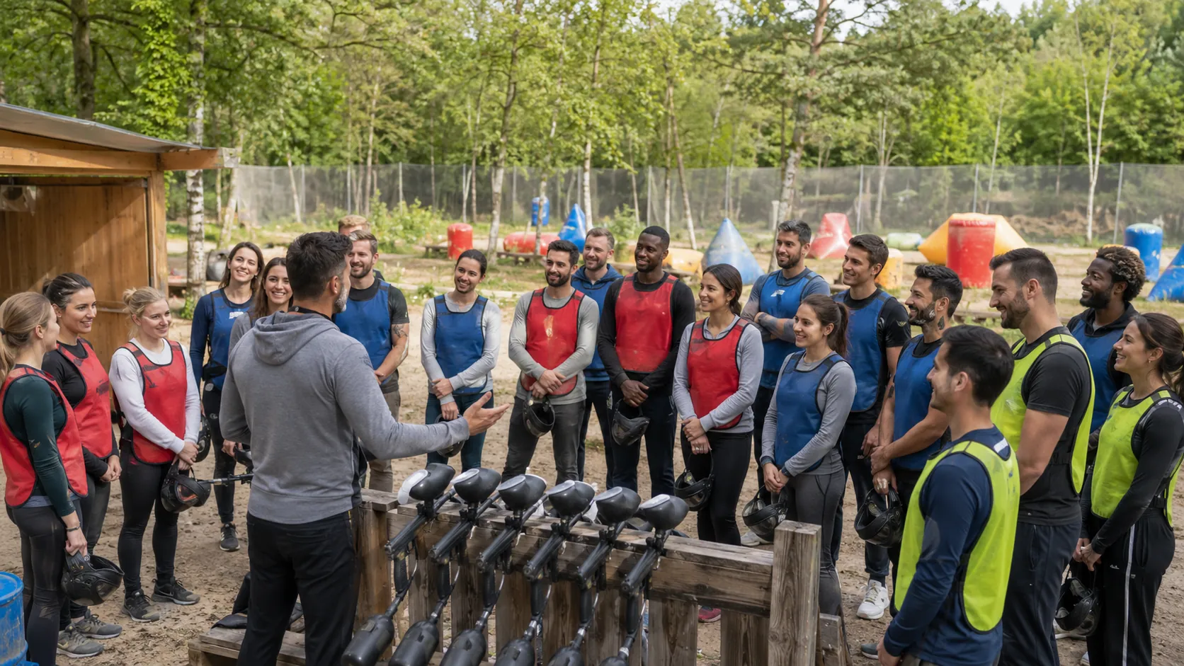 Un groupe de vingt adultes écoute le briefing avant une session de paintball près de Paris