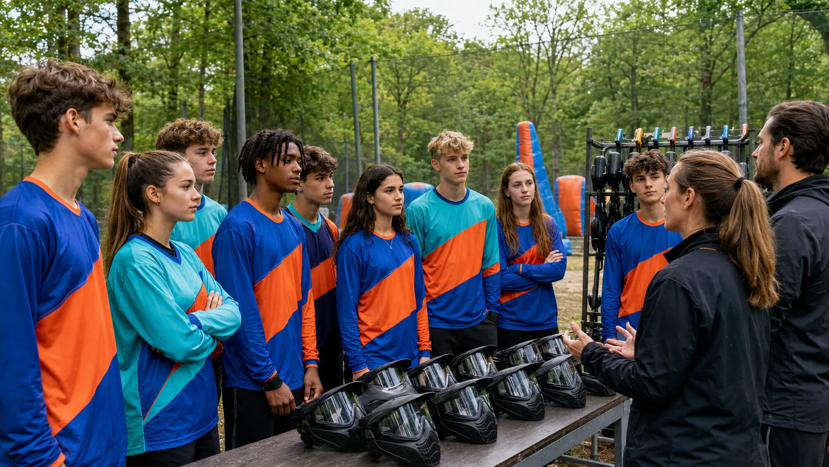 Lycéens écoutant les consignes de sécurité avant une sortie scolaire paintball encadrée