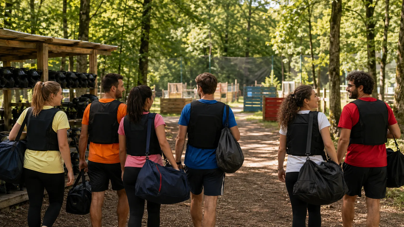 Six amis arrivent par un chemin forestier sur un terrain de paintball boisé dans le Paris Est