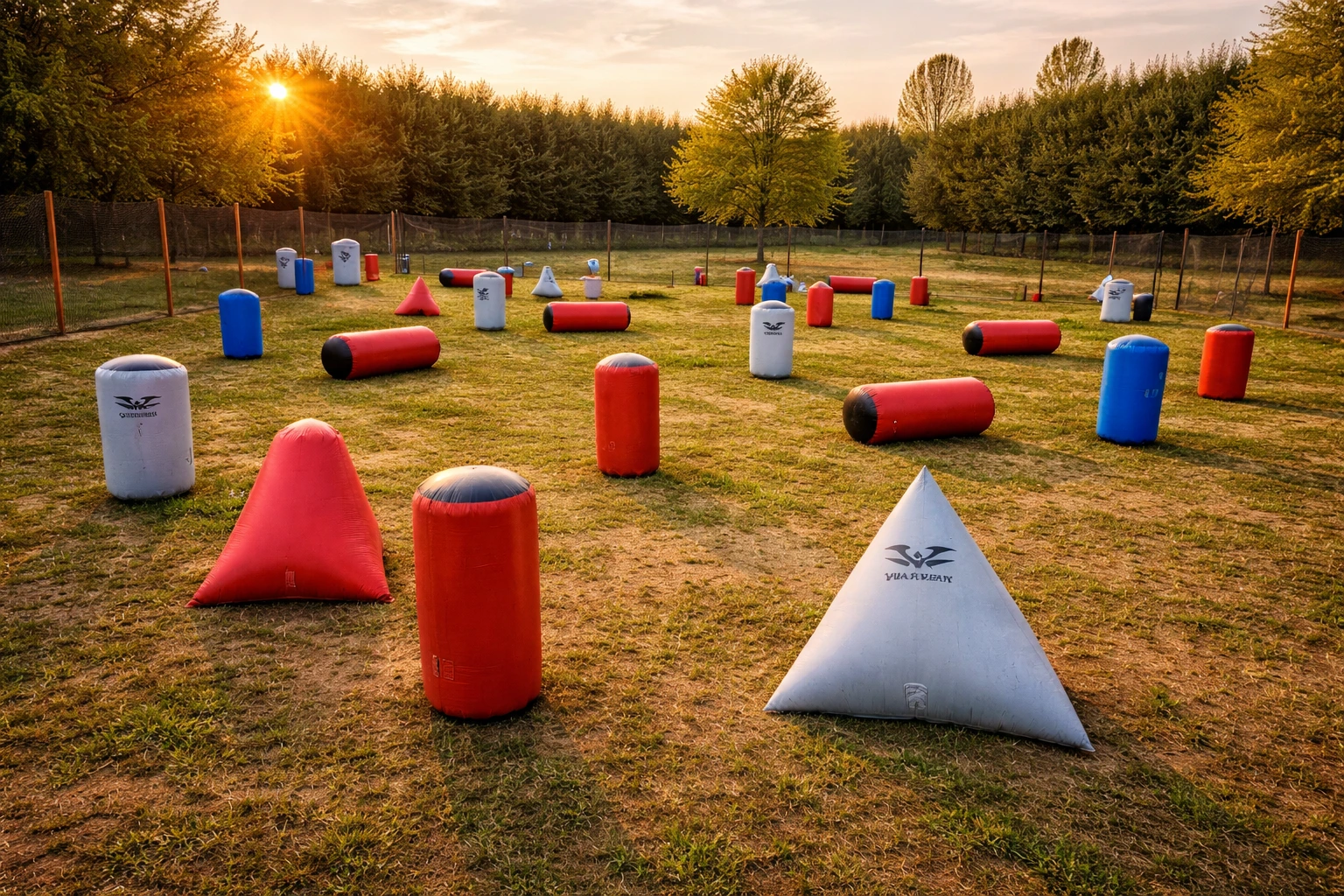 Terrain extérieur aux obstacles gonflables colorés alignés sur l’herbe au coucher du soleil