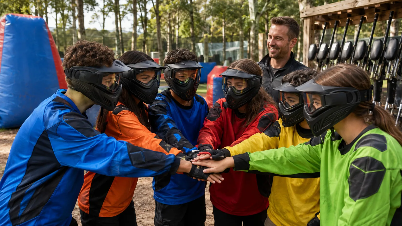 Six adolescents forment une équipe avant une activité sportive de paintball près de Paris