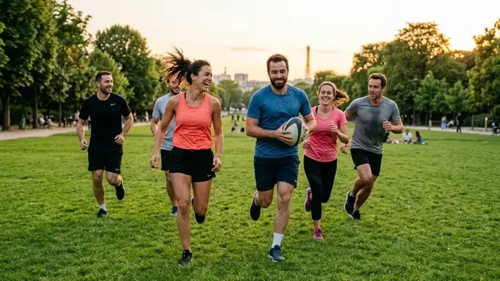 Groupe d’adultes en tenue de sport courant ensemble sur la pelouse d’un parc arboré