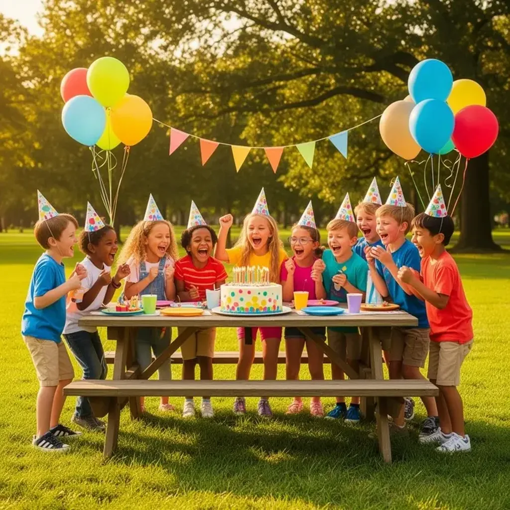 Enfants coiffés de chapeaux de fête autour d’un gâteau sur une table de pique-nique