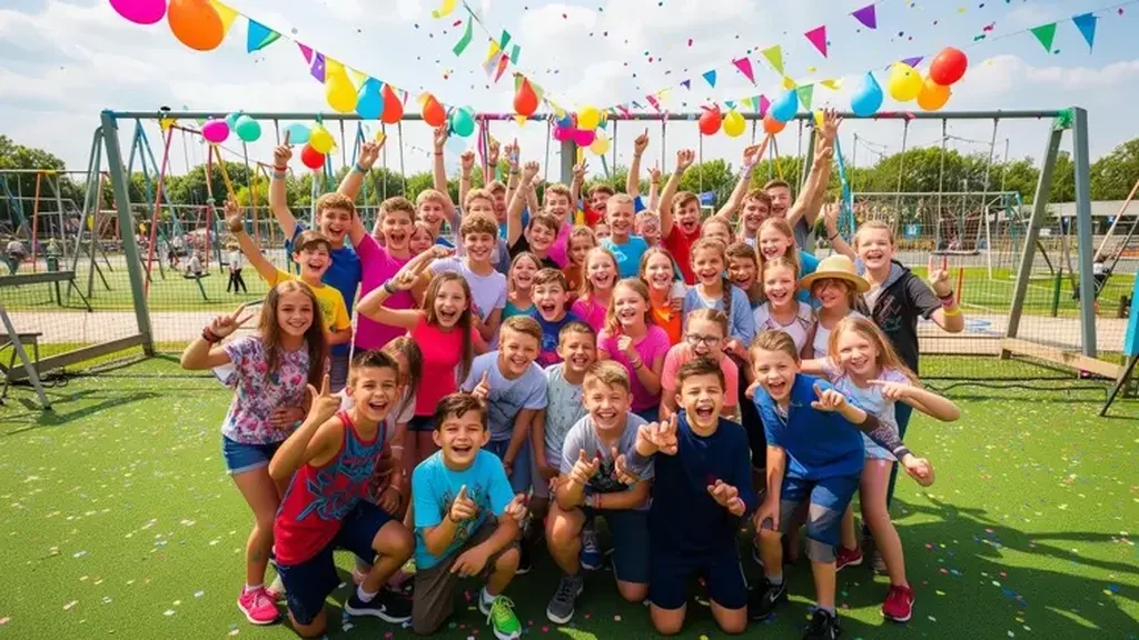 Groupe d’enfants joyeux réunis sous des confettis devant une aire de jeux extérieure