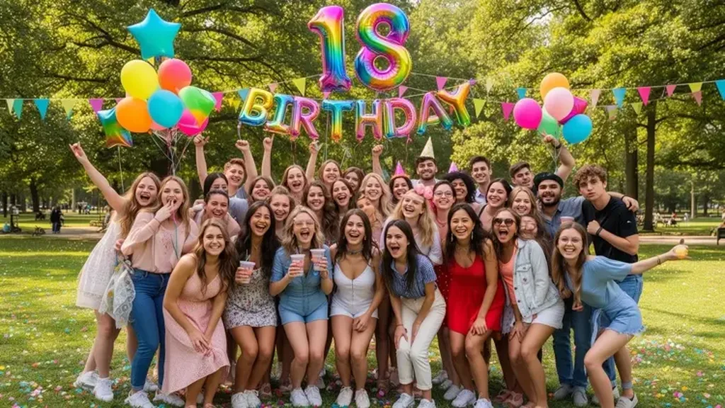 Grand groupe de jeunes posant sous des ballons formant le chiffre 18 dans un parc
