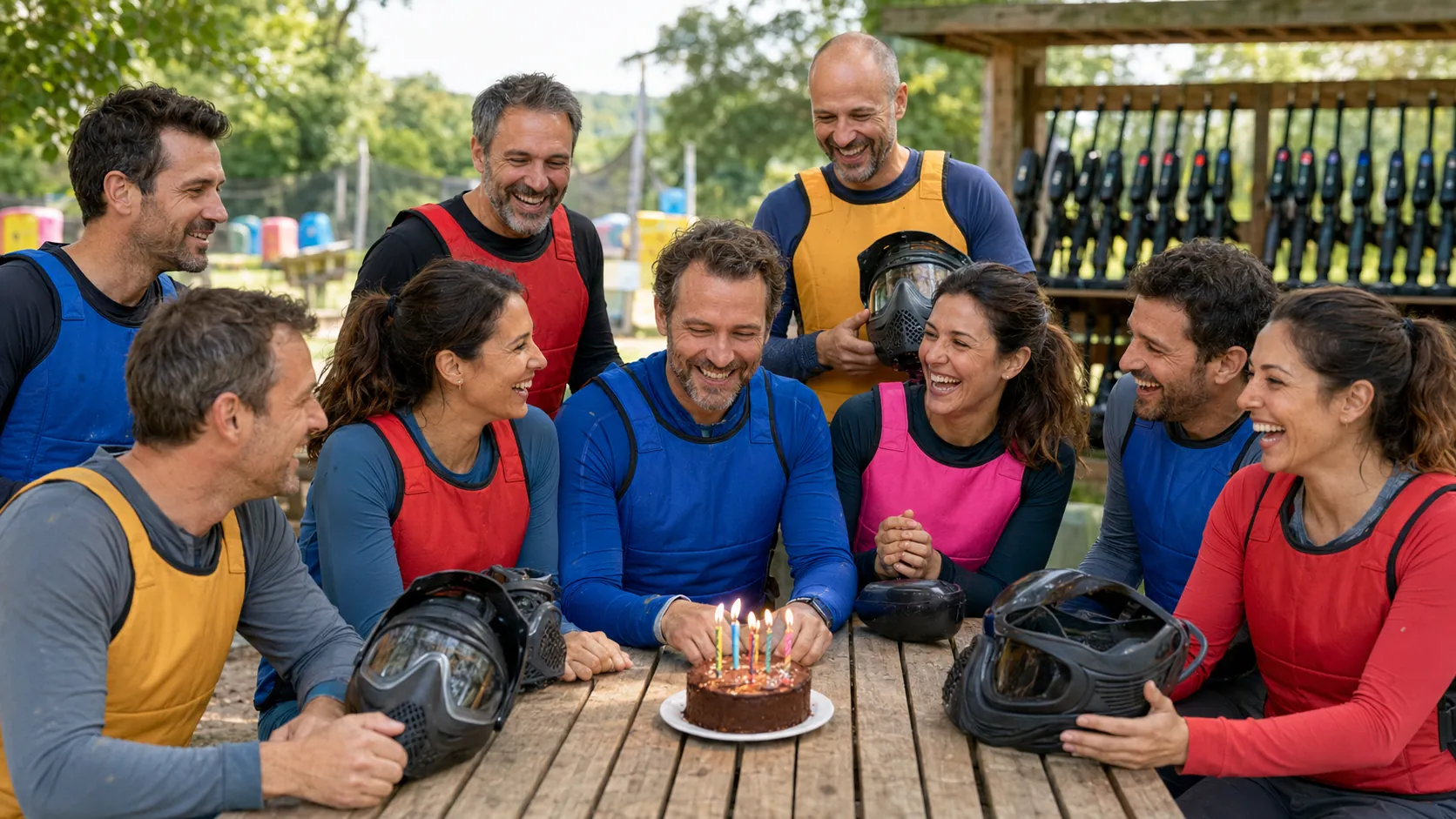 Des amis célèbrent un anniversaire de 40 ans après une session de paintball près de Paris
