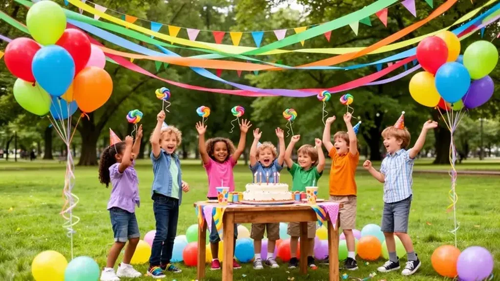 Jeunes enfants levant les bras autour d’une table décorée de ballons et de guirlandes