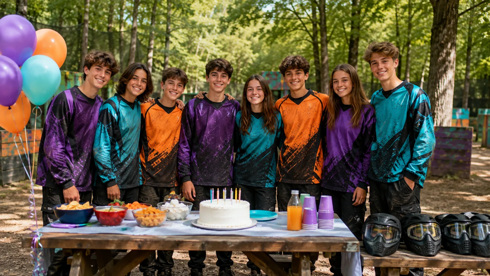 Adolescents réunis autour d’un gâteau après une activité paintball pour fêter un anniversaire