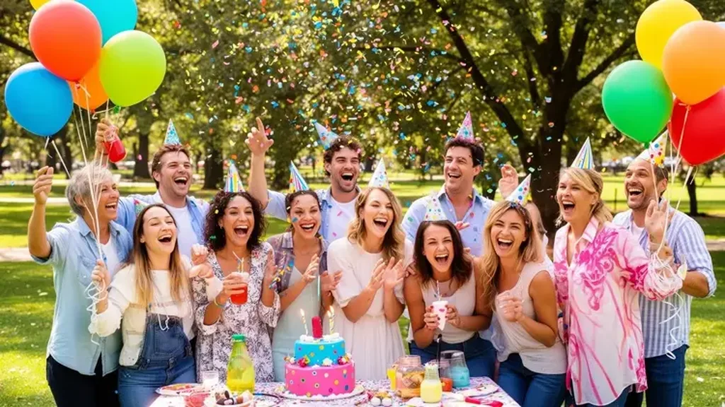 Groupe d’adultes festif avec ballons, confettis et gâteau lors d’un anniversaire en plein air