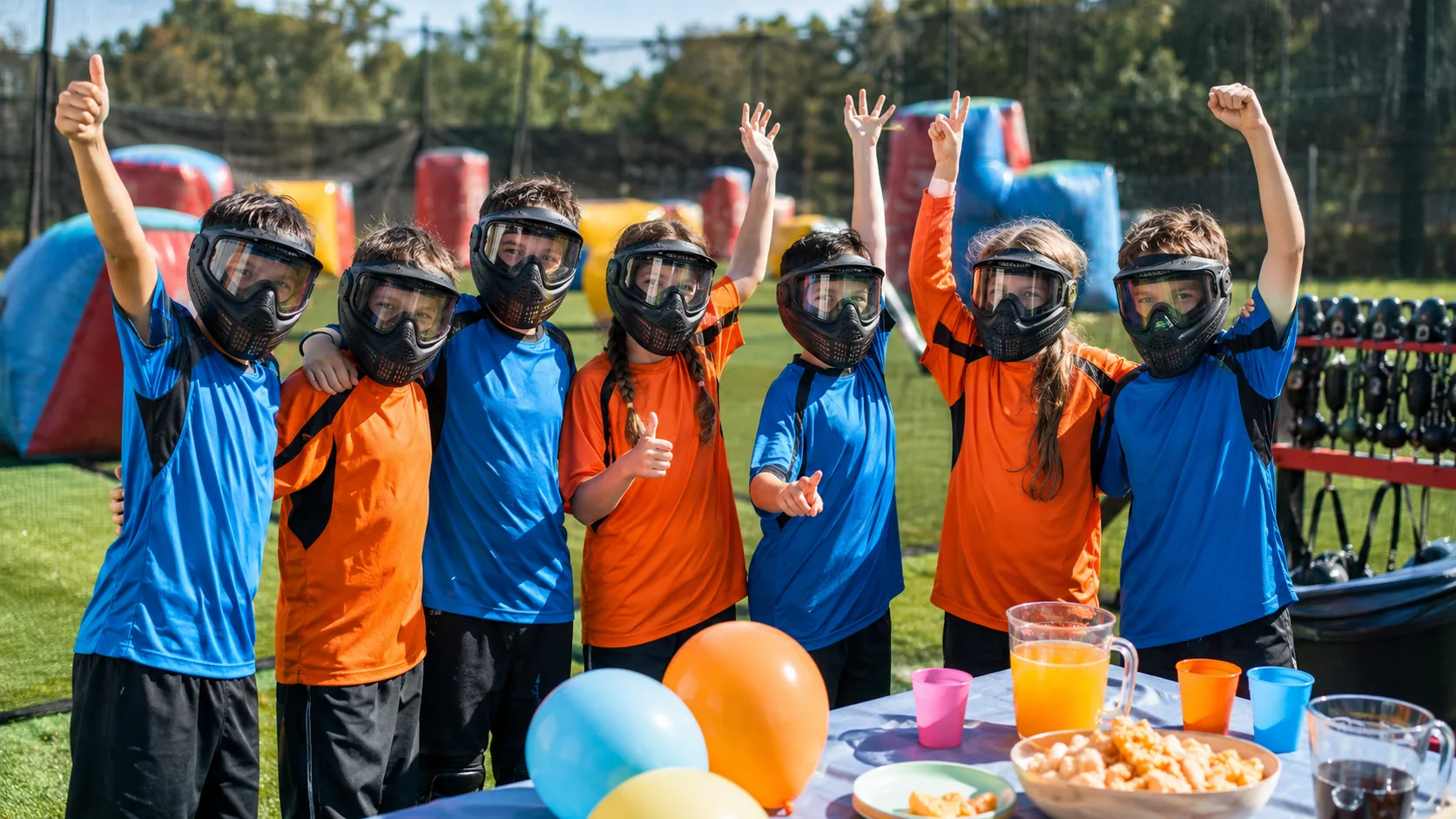 Enfants équipés de masques célébrant ensemble un anniversaire sur un terrain de paintball coloré