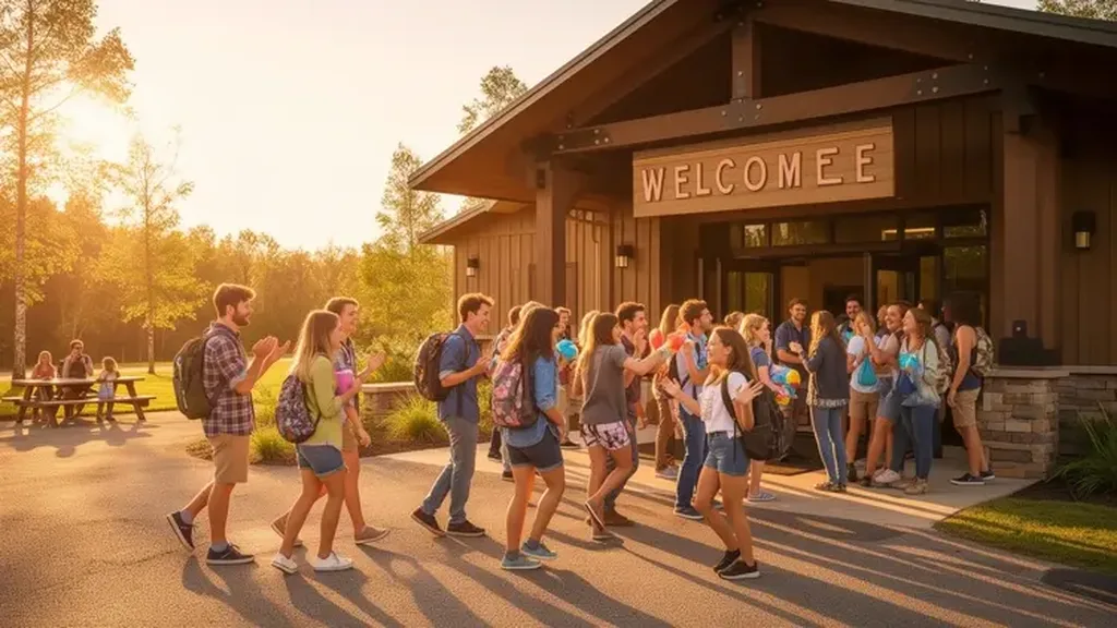 Groupe de jeunes avec sacs à dos arrive devant un bâtiment d’accueil en bois en fin de journée