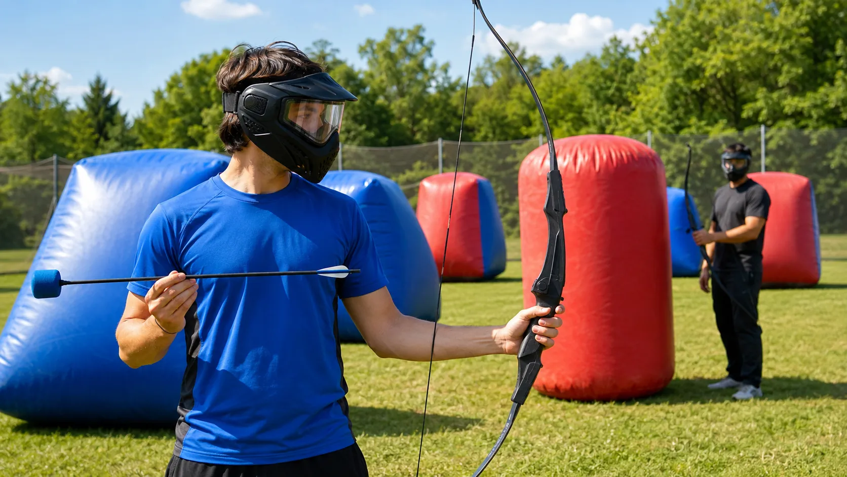 Joueur d’Archery Tag présentant une flèche à embout mousse sur une arène outdoor colorée