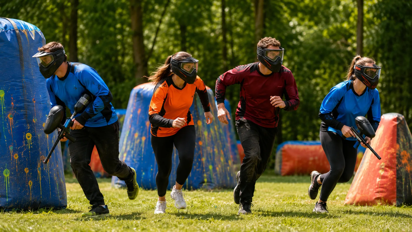 Adultes en mouvement pendant une partie de paintball de loisir bénéfique pour la condition physique