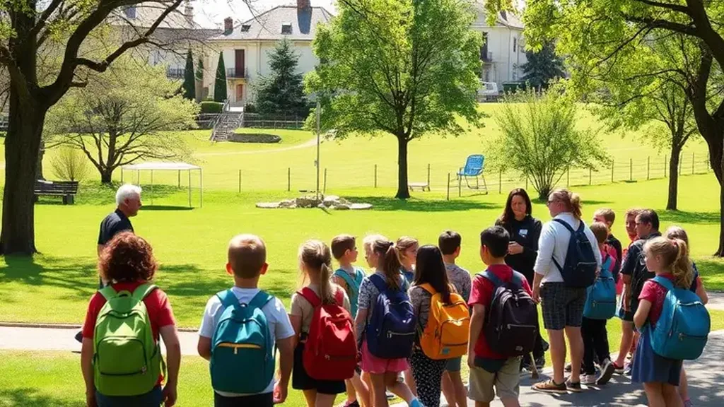 Groupe d’enfants avec sacs à dos rassemblés autour d’animateurs dans un grand parc vert