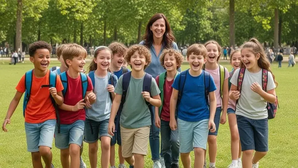 Enfants avec sacs à dos marchent en groupe dans un parc, accompagnés par une adulte