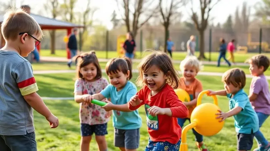 Jeunes enfants jouant dehors avec des accessoires colorés dans un parc arboré