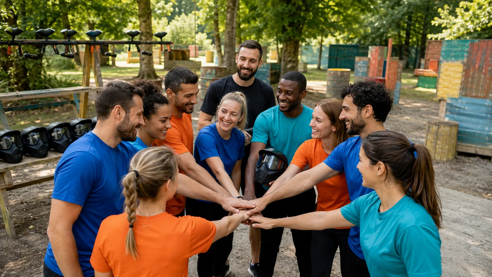 Les membres d’un club sportif renforcent leur cohésion avant une session de paintball près de Paris