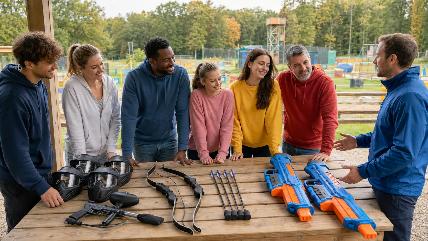 Un groupe compare le matériel de paintball, d’Archery Tag et de Water Battle avant de choisir