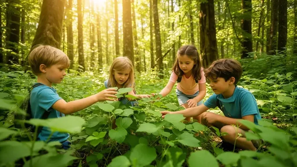 Quatre enfants observant des feuillages dans un sous-bois traversé par la lumière