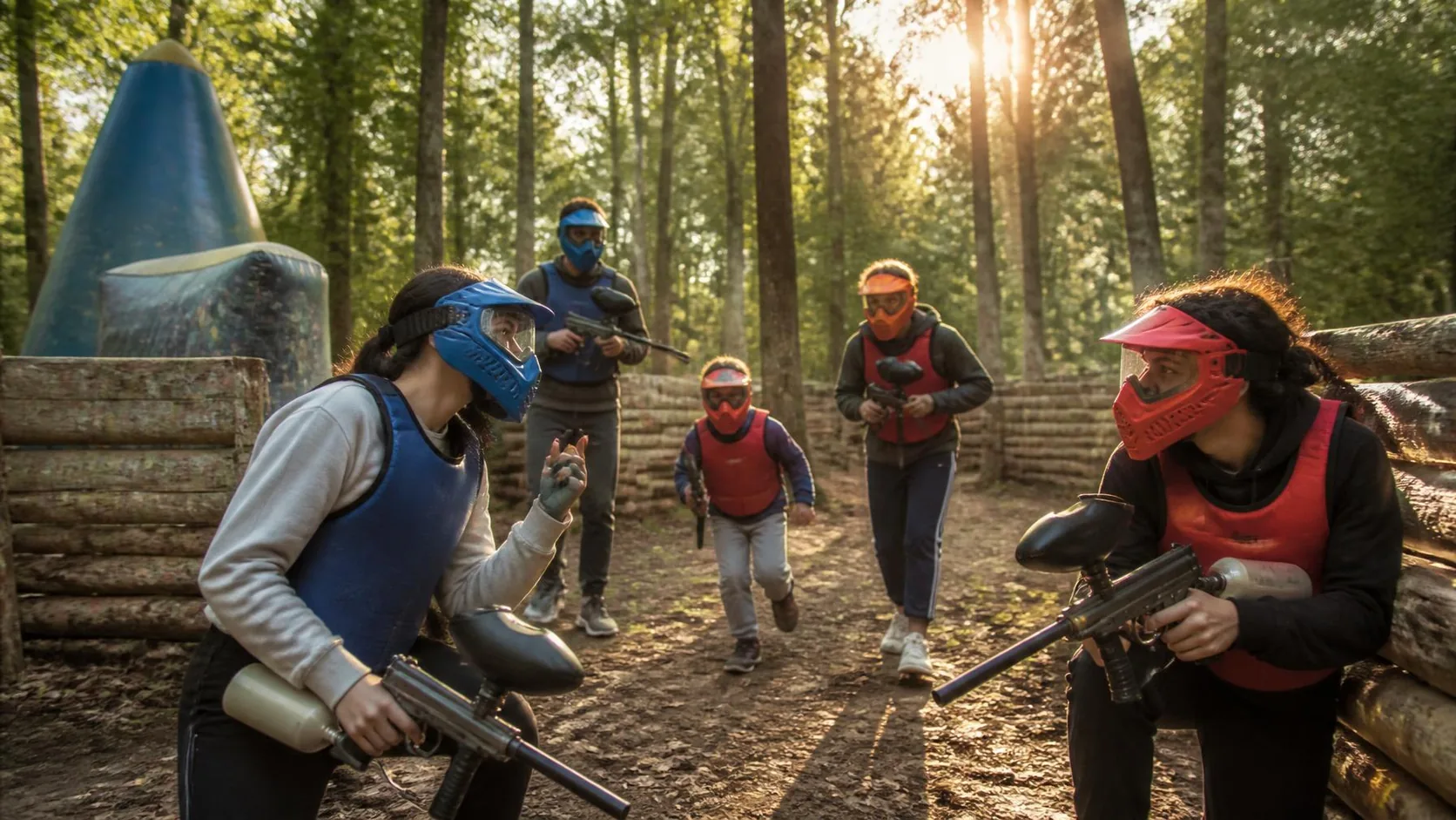 Parents et enfants masqués avancent entre des obstacles en bois sur un terrain boisé ensoleillé