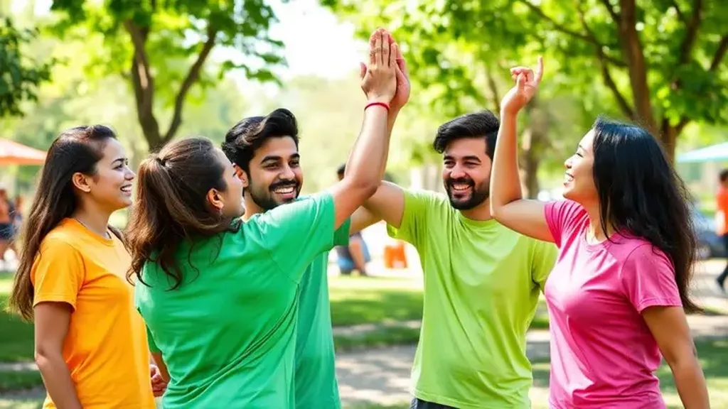 Groupe d’adultes en t-shirts colorés se tapant dans la main en extérieur après un effort commun