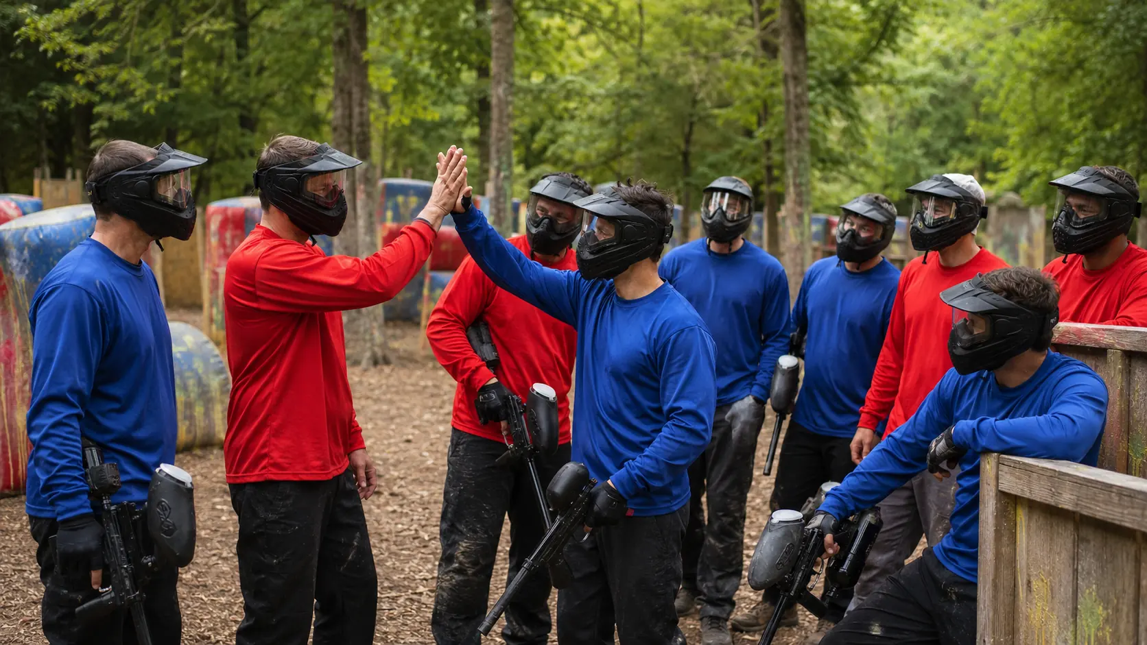Groupe d’hommes en tenue de paintball célébrant une partie lors d’un EVG outdoor près de Paris