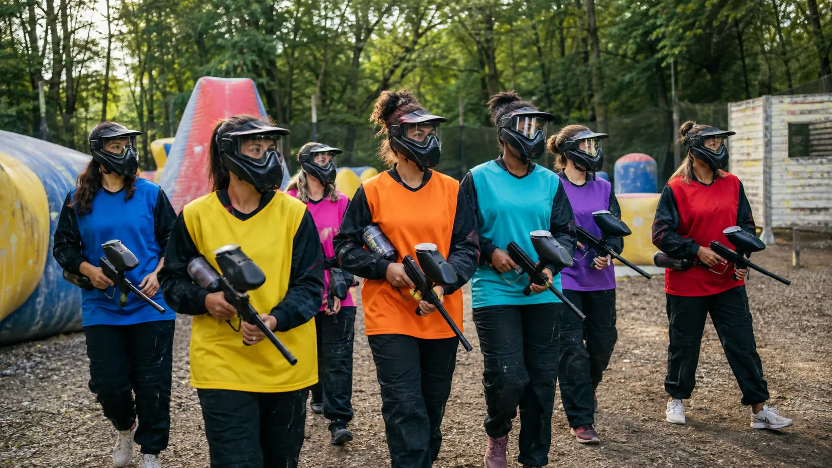 Groupe de femmes équipées de masques et lanceurs lors d’un EVJF paintball sur un terrain outdoor