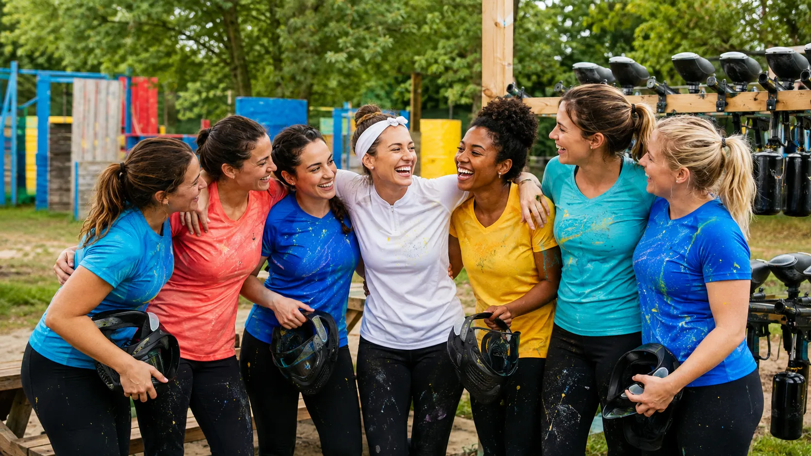 Sept amies célèbrent un EVJF sportif après une session de paintball près de Paris