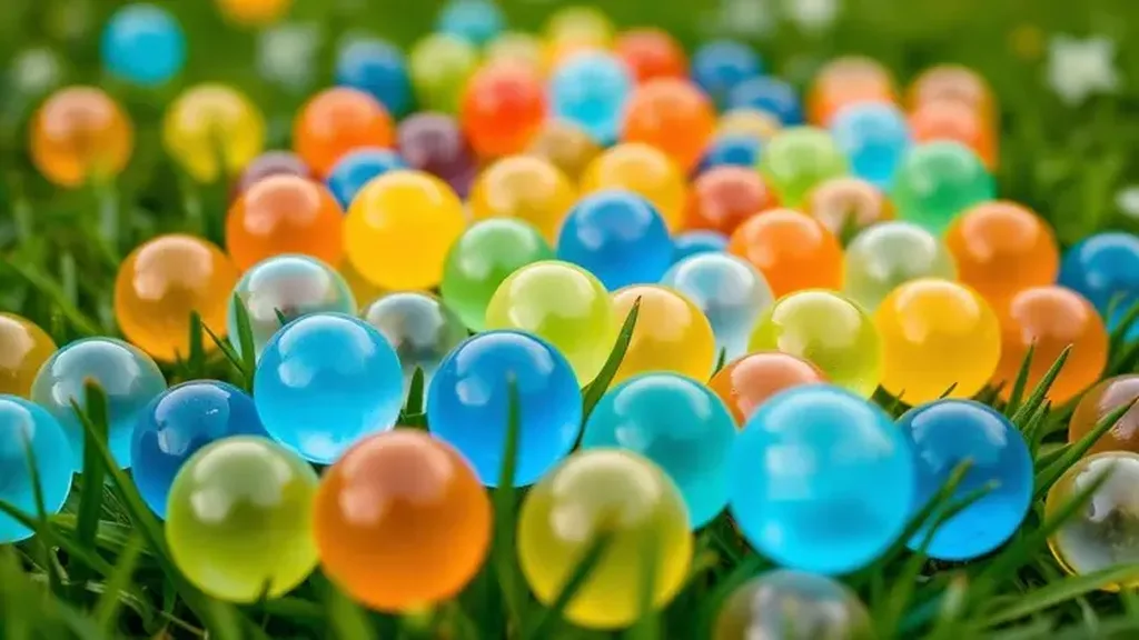 Gros plan sur des billes de gel colorées et translucides posées dans l’herbe