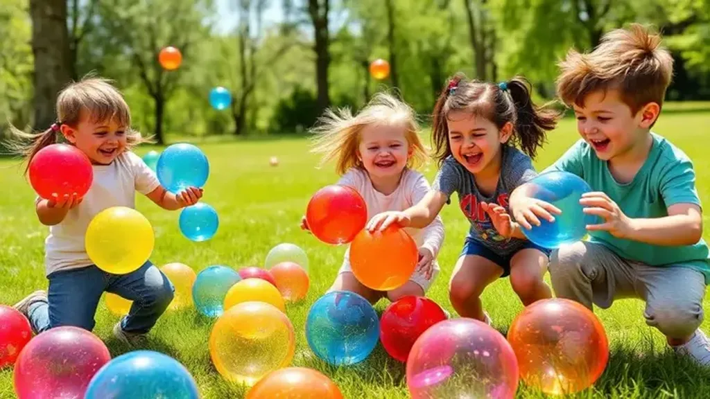 Jeunes enfants ramassent des ballons colorés éparpillés dans l’herbe d’un parc