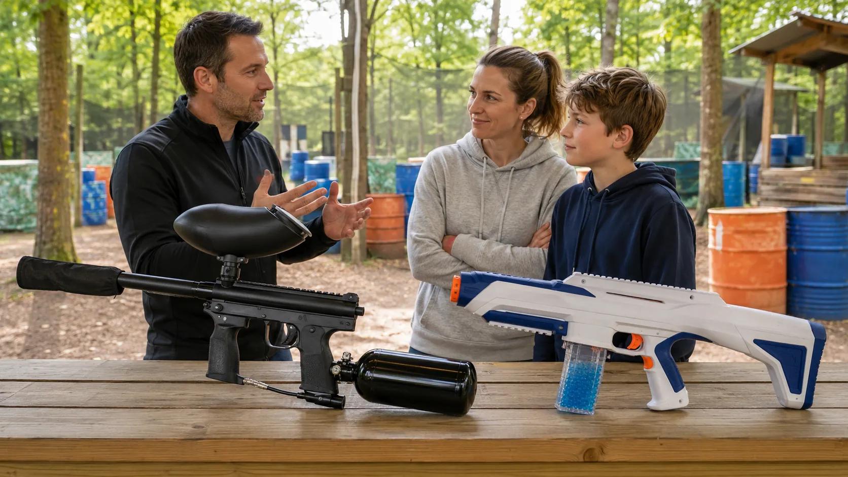 Un équipement de paintball et un Gel Blaster sont présentés à une famille avant l’activité
