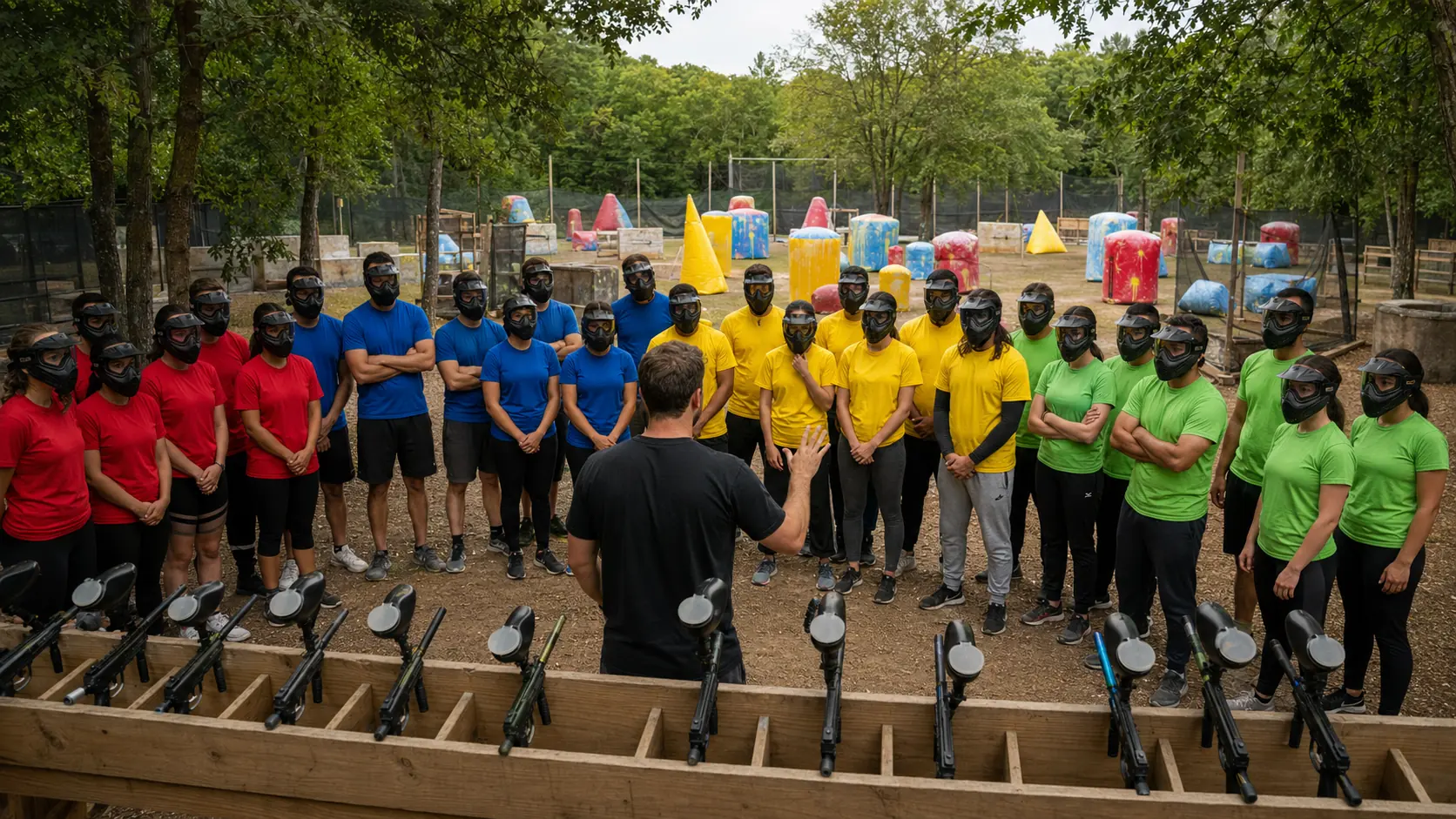 Grand groupe réparti en équipes colorées écoutant le briefing avant une partie de paintball