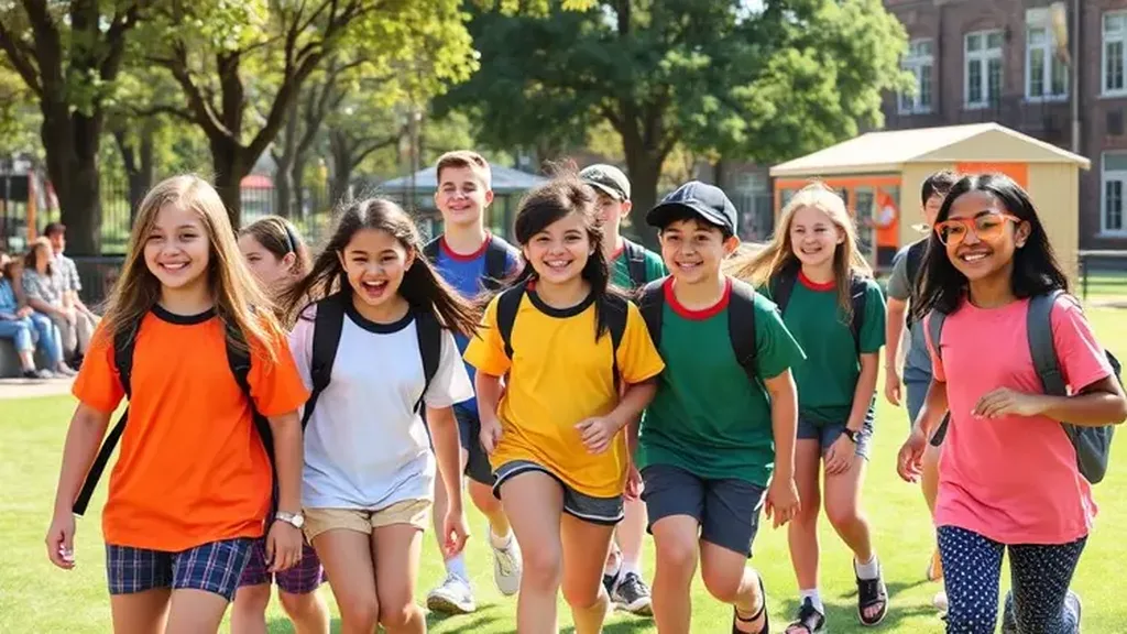 Groupe de jeunes avec sacs à dos avançant en riant sur une pelouse lors d’une sortie