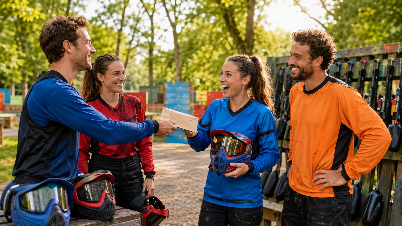 Quatre amis découvrent une expérience paintball offerte sur un terrain près de Paris