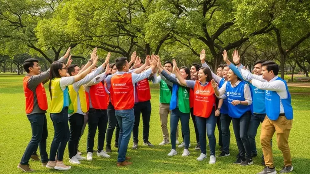 Collègues en chasubles colorées formant un cercle et levant les mains dans un parc