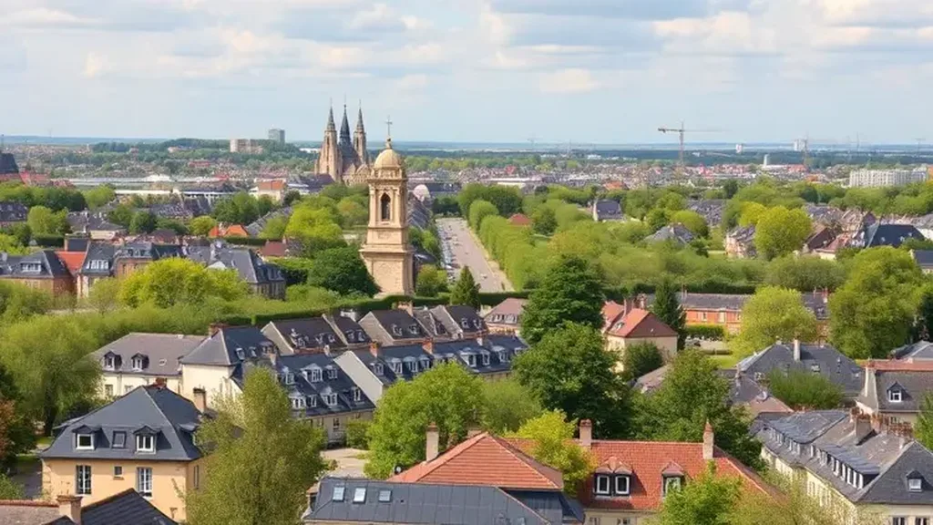 Vue panoramique sur les toits d’une commune et le clocher d’une église