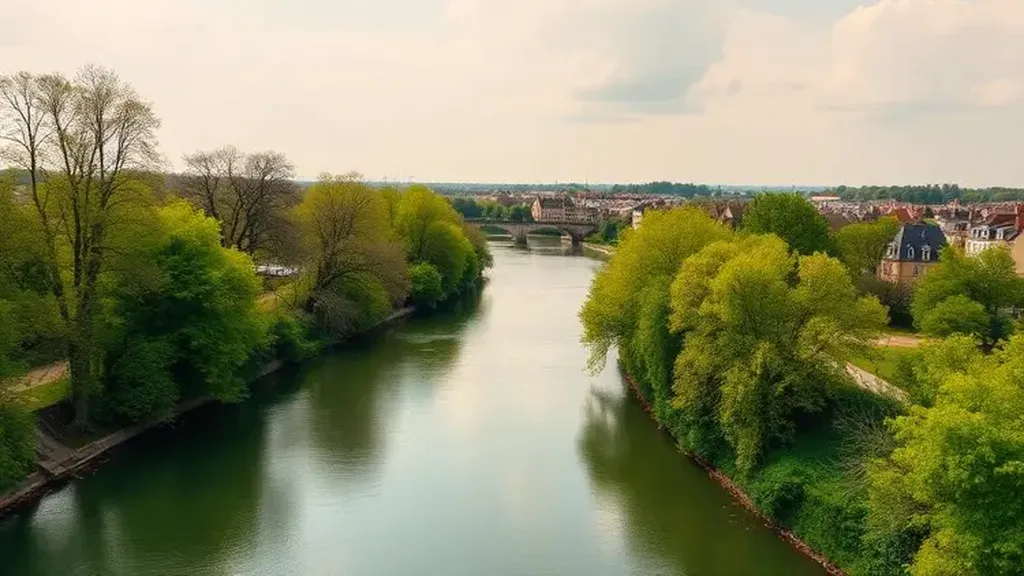 Rivière bordée d’arbres traversant une commune résidentielle