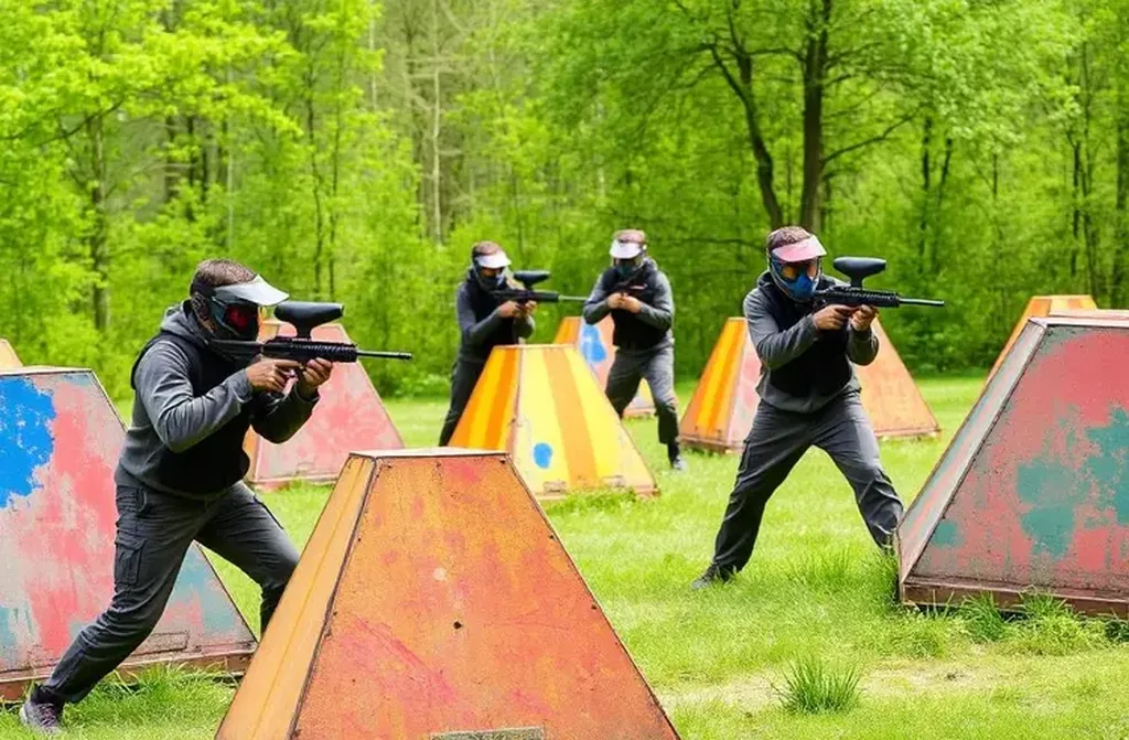 Joueurs casqués et masqués progressent derrière des obstacles peints sur une prairie entourée d’arbres