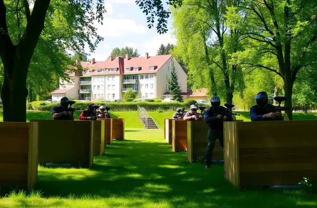 Joueurs équipés de masques postés derrière des palissades en bois sur un terrain herbeux