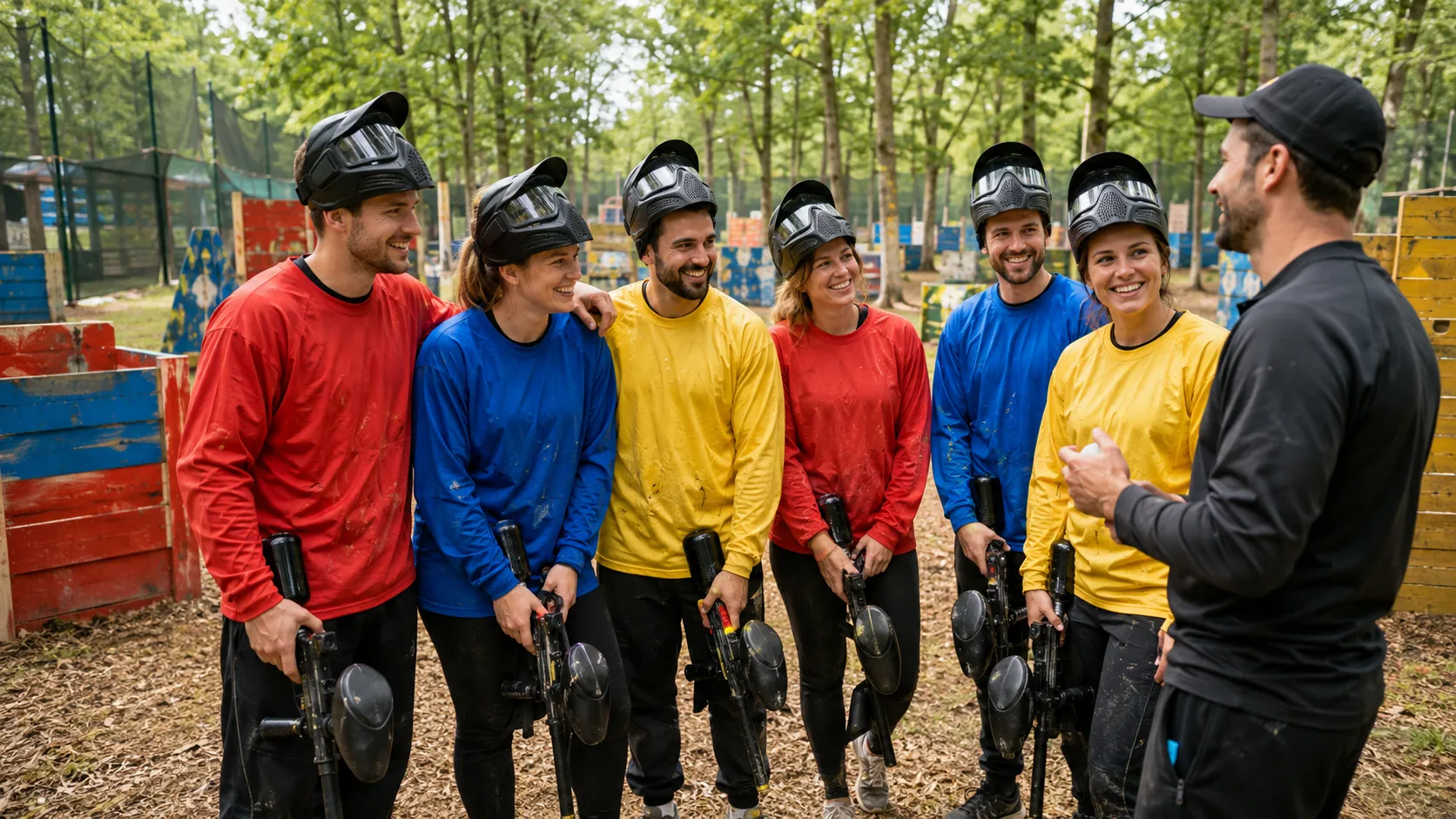 Six adultes échangent avec un animateur après une session sur un terrain de paintball coloré