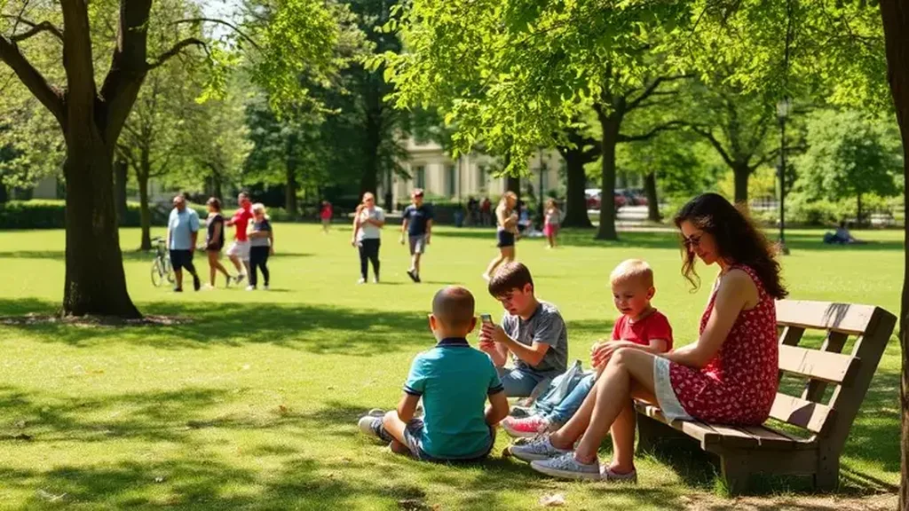 Enfants assis dans l’herbe avec une adulte au bord d’une pelouse de parc arborée par beau temps