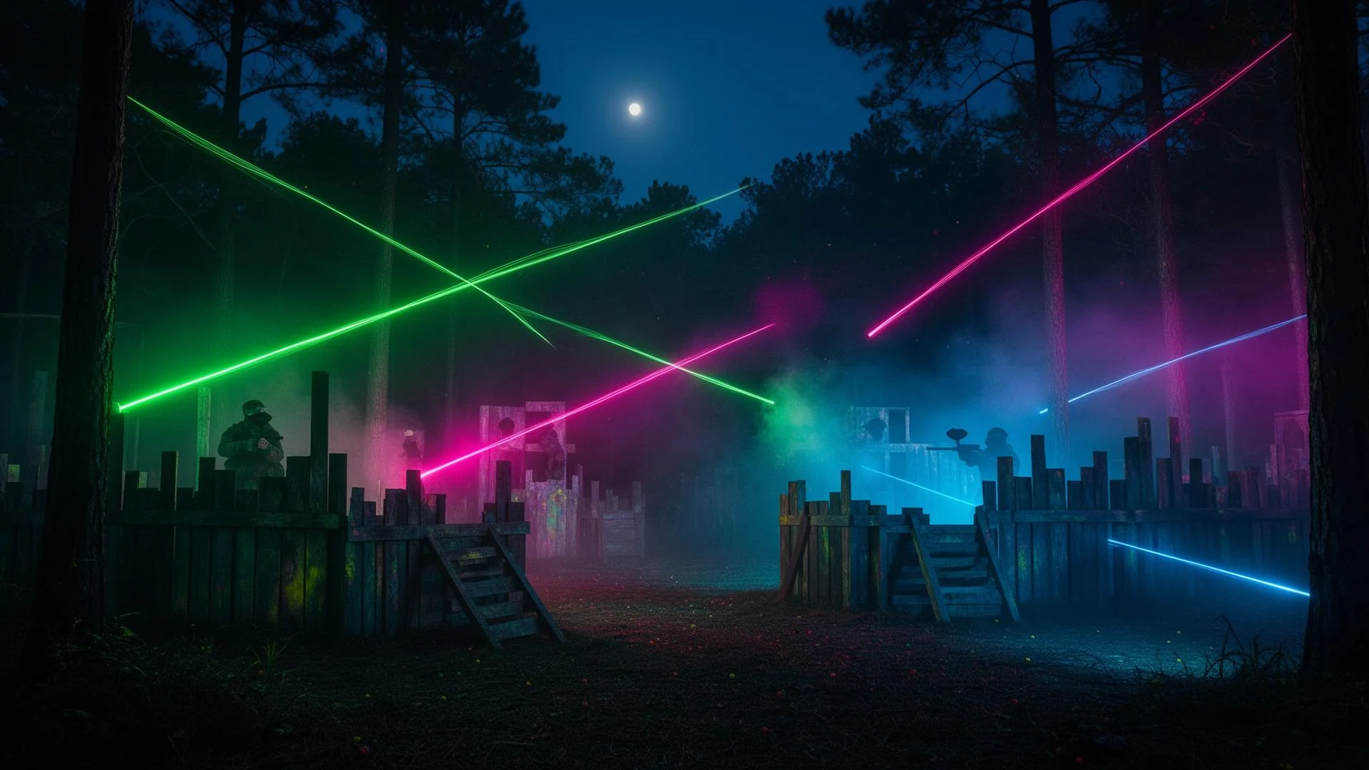 Terrain plongé dans la nuit, traversé par des faisceaux lumineux verts et roses sous la lune