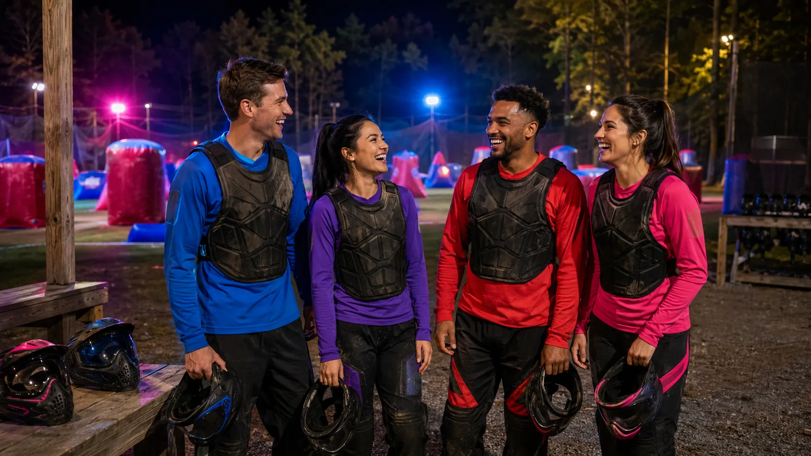 Quatre amis après une session de paintball nocturne sur un terrain outdoor éclairé et coloré