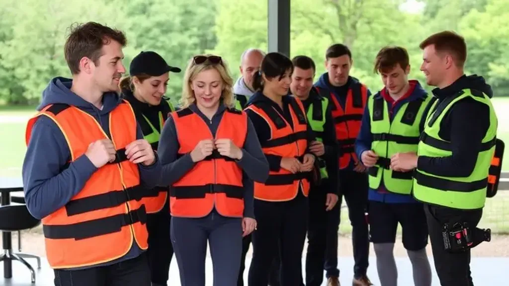 Adultes enfilant des gilets fluo avant une session encadrée en extérieur