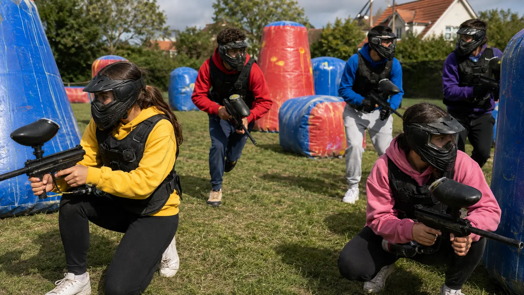 Cinq joueurs progressent entre des obstacles colorés sur un terrain de paintball extérieur près de Bondy