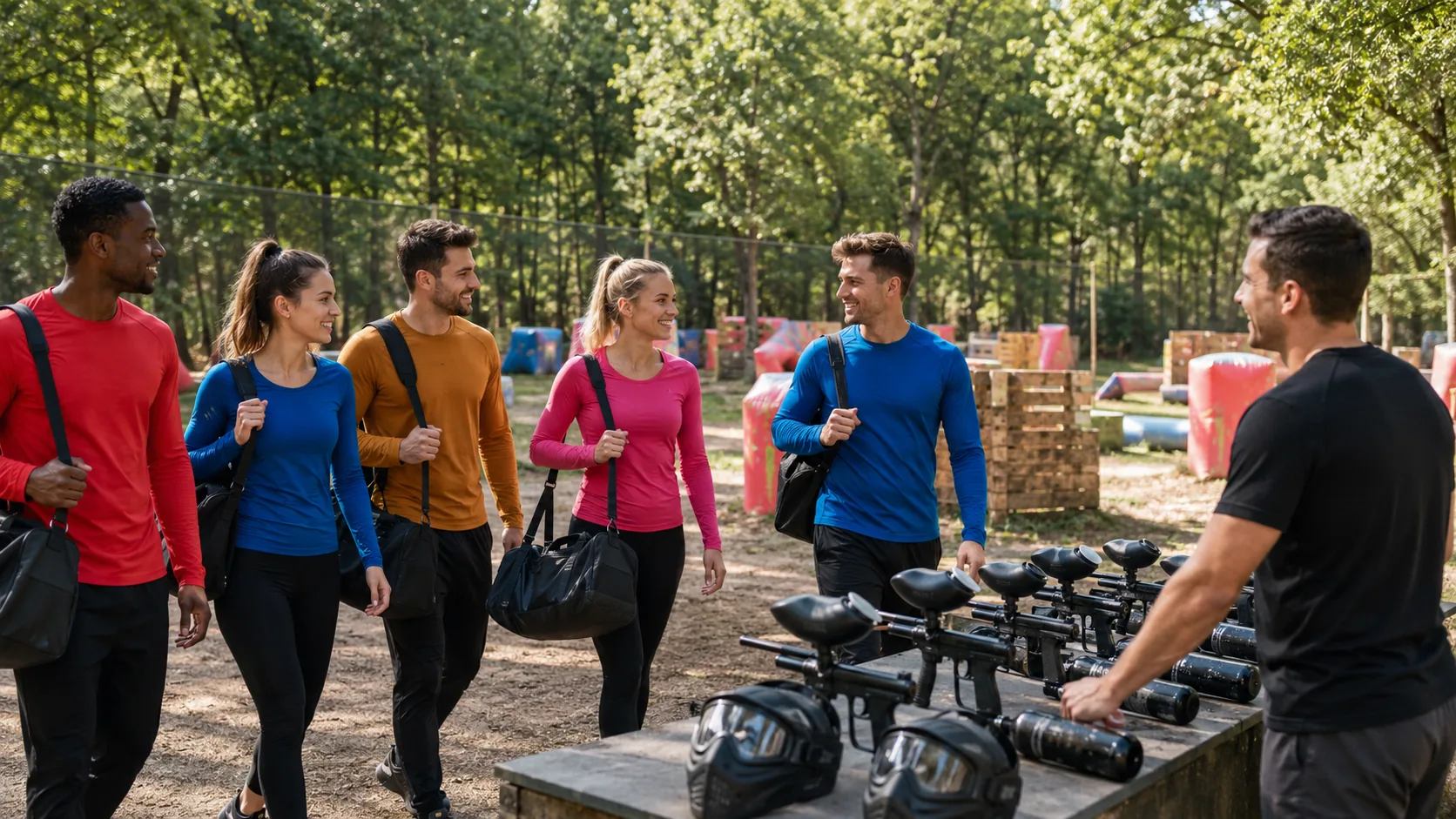 Groupe d’amis arrivant sur un terrain de paintball outdoor près de Bry-sur-Marne