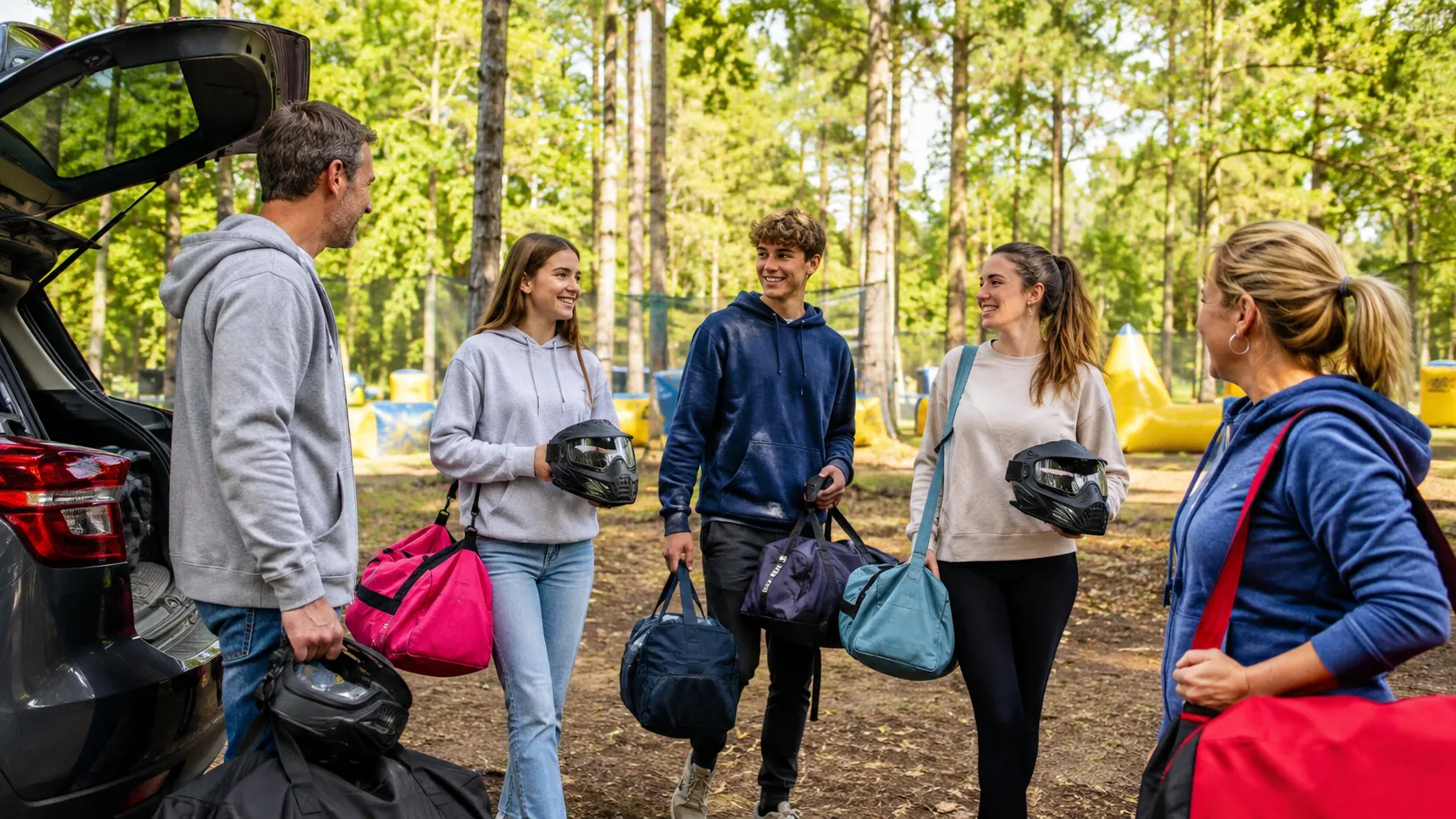 Une famille et ses amis arrivent sur un terrain de paintball boisé près de Chelles