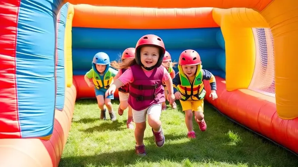 Enfants casqués courant en riant à la sortie d’une structure gonflable colorée